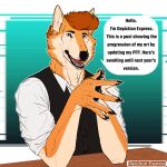  1:1 5_fingers absurd_res anthro black_pawpads canid canine canis claws clothing conductor_ramirez_(depictionexpress) depictionexpress dialogue domestic_dog dress_shirt ear_piercing english_text fingers fur furniture gold_(metal) gold_jewelry gradient green_background greeting hi_res husky jewelry looking_at_viewer male mammal maned_wolf multicolored_body multicolored_fur nordic_sled_dog orange_body orange_fur pawpads paws piercing portrait shirt simple_background solo speech_bubble spitz suit table talking_to_viewer tan_body tan_fur text topwear vest 