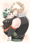  2boys 42o7i5iii aged_down bakugou_katsuki bare_shoulders black_hoodie blonde_hair boku_no_hero_academia carrying child closed_mouth cropped_torso freckles green_eyes green_hair hand_on_another&#039;s_face highres hood hood_down hoodie long_sleeves looking_at_another male_child male_focus midoriya_izuku multiple_boys open_mouth protected_link red_eyes short_hair simple_background smile spiked_hair twitter_username upper_body 