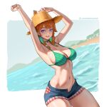  1girl :d absurdres armpits arms_up beach bikini border braid breasts choker green_bikini green_choker hat highres hololive hololive_english large_breasts navel ocean open_fly open_mouth orange_hair pink_eyes seventeencrows short_shorts shorts smile solo stomach straw_hat swimsuit takanashi_kiara takanashi_kiara_(2nd_costume) twin_braids virtual_youtuber white_border 