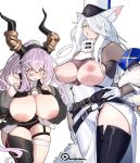 2girls animal_ears arknights belt black_thighhighs blush breasts breasts_out cleavage fur_trim gloves hair_over_one_eye hand_on_own_hip hat highres horns inverted_nipples large_breasts long_hair multiple_girls nipples pink_eyes purple_hair simone_(arknights) simple_background skindentation stine_r tail thighhighs white_background white_gloves white_hair yellow_eyes 