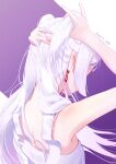  1girl absurdres adjusting_hair back bare_arms bare_shoulders dress earrings elf english_commentary frieren from_behind highres jewelry long_hair nape obi3 pointy_ears shoulder_blades sidelocks solo sousou_no_frieren thick_eyebrows twintails twitter_username upper_body white_dress white_hair 