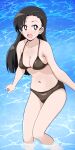  1girl bikini black_hair blush breasts brown_bikini brown_eyes cleavage collarbone girls_und_panzer highres in_water long_hair medium_breasts navel nishi_kinuyo open_mouth ponzu_rui smile solo swimsuit 