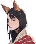  1girl animal_ears black_hair blue_eyes commentary_request eizouken_ni_wa_te_wo_dasu_na! fox_ears freckles highres japanese_clothes kanamori_sayaka kemonomimi_mode long_hair portrait profile ribbon_trim solo takao_(88499191) 