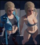  1girl absurdres blue_jacket bra breasts cammy_white cleavage crop_top cropped_jacket grey_bra grey_panties highres jacket malphier navel panties pants short_hair solo sports_bra standing stomach street_fighter street_fighter_6 tight_clothes tight_pants toned underwear 
