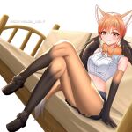  1girl animal_ear_fluff animal_ears black_shorts bow bowtie brown_footwear brown_hair closed_mouth couch cropped_shirt crossed_legs cutoffs dutch_angle elbow_gloves fang fang_out footwear_bow full_body fur_collar gloves hand_rest hand_up highres kemono_friends knees_up legs long_hair long_legs looking_at_viewer maned_wolf_(kemono_friends) midriff multicolored_clothes multicolored_gloves multicolored_hair multicolored_pantyhose nijiiro_(graynbow_wolf) on_couch orange_bow orange_bowtie orange_eyes orange_hair pantyhose shirt shoes short_shorts shorts simple_background sitting skin_fang sleeveless sleeveless_shirt smile solo stomach tail twintails twitter_username white_background white_hair wolf_ears wolf_girl wolf_tail 