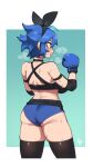  1girl absurdres ass bare_shoulders black_hairband black_ribbon black_thighhighs blue_background blue_hair blue_shorts boxing_gloves breasts commentary cowboy_shot dif_(difman) difman english_commentary from_behind hair_between_eyes hair_ribbon hairband heavy_breathing highres looking_away medium_breasts orange_eyes original ribbon short_shorts shorts signature solo standing sweat thighhighs two-tone_background white_background 