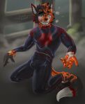  absurd_res anthro anthro_on_anthro aroused bulge canid canine claws clenched_teeth clothing full-length_portrait fur goo_dripping goo_on_face goo_on_feet goo_on_tail goo_tentacles hi_res hypnosis juckxony kite_(kitedafennec) male male/male mammal mind_control orange_goo portrait rubber_clothing rubber_suit slime suit takeover teeth tentacles 