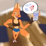  absurd_res anthro bedroom_eyes bottomwear bra canid canine clothing diane_foxington dreamworks female fingerless_gloves footwear fox gloves gym handwear hi_res hotpants humanoid mammal narrowed_eyes seductive shoes shorts solo speech_bubble sports_bra tail text_with_heart the_bad_guys underwear 