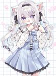  1girl :d absurdres animal_ear_fluff animal_ears black_bow blue_bow blue_eyes blue_skirt bow center_frills collared_shirt commentary_request dotted_line dress_shirt frills grey_hair hair_bow hair_intakes hands_up heart heart_hands heart_in_eye heart_print heterochromia highres indie_virtual_youtuber long_hair long_sleeves looking_at_viewer ni_kiro pink_bow pleated_skirt print_shirt puffy_long_sleeves puffy_sleeves purple_eyes shirt skirt smile solo sorashi_purumu symbol_in_eye thighhighs twintails very_long_hair virtual_youtuber white_background white_shirt white_thighhighs yellow_bow 