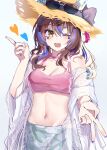  1girl absurdres animal_ears blue_nails blush breasts brown_hair cleavage crop_top daitaku_helios_(#summer_#new_me)_(umamusume) daitaku_helios_(umamusume) ear_covers eyewear_on_headwear fang hat heart highres horse_ears index_finger_raised long_hair midriff multicolored_hair navel open_mouth outstretched_arm pink_shirt reaching reaching_towards_viewer sarong sb_(akagikeai) shawl shirt simple_background small_breasts smile solo straw_hat streaked_hair sunglasses tank_top umamusume upper_body v white_background yellow_eyes 