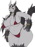  3:4 anthro baburusushi biped black_body black_fur bra clothed clothing female fur generation_3_pokemon grey_body grey_fur hi_res jewelry looking_at_viewer mightyena navel nintendo pokemon pokemon_(species) red_eyes simple_background skimpy solo underwear white_background 