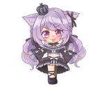  1girl :3 animal_ear_fluff animal_ears black_bow black_collar black_footwear black_ribbon black_skirt black_sleeves black_tube_top blush bow bow_skirt cat_ears chibi closed_mouth collar commentary criss-cross_halter crown detached_collar detached_sleeves ear_ribbon frilled_tube_top full_body hair_bow halterneck ina_uruu kica28v long_hair looking_at_viewer low_twintails medium_bangs midriff mini_crown nanashi_inc. navel pink_eyes purple_hair ribbon shoes simple_background skirt smile solo strapless tongue tongue_out tube_top twintails two-tone_bow v-shaped_eyebrows virtual_youtuber white_background white_bow 