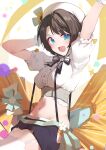  1girl absurdres beret blue_eyes bow bowtie brown_hair cropped_shirt garter_straps gloves hat highres hip_vent hololive idol midriff mikaku oozora_subaru open_mouth shorts solo suspender_shorts suspenders thighhighs virtual_youtuber 