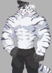  1boy abs absurdres bad_id bad_twitter_id bara dislyte feet_out_of_frame furry furry_male gloves hat highres inactive_account jin_qiu_(ru_shou)_(dislyte) kimagureuso large_pectorals looking_ahead male_focus mature_male muscular muscular_male navel no_nipples peaked_cap pectorals police_hat short_hair solo standing stomach sunglasses topless_male v-taper 