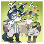  1boy 1girl animal_ears backpack bag binoculars black_hair cashew_0_dgren collei_(genshin_impact) commentary_request full_body genshin_impact green_eyes green_hair highres holding holding_binoculars holding_paper multicolored_hair official_alternate_costume paper purple_eyes short_hair squinting tail tighnari_(genshin_impact) 