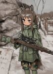  1girl absurdres animal_ears battle_rifle black_gloves brown_eyes brown_hair camouflage chain-link_fence fence fox_ears fox_girl gloves green_hoodie green_panties gun highres hood hoodie m14 original panties ponytail rifle scope sketch sling snow solo underwear weapon woodland_camouflage yihan_world 