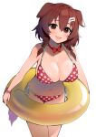  1girl :3 :d bare_arms bikini bone_hair_ornament bracelet braid breasts brown_eyes brown_hair cleavage dismassd hair_ornament highres hololive innertube inugami_korone jewelry large_breasts looking_at_viewer navel open_mouth polka_dot polka_dot_bikini simple_background smile solo swimsuit twin_braids virtual_youtuber white_background 