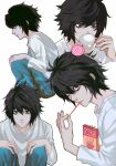  1boy bags_under_eyes black_eyes black_hair candy commentary cup death_note denim drinking eating food highres jeans knees_up l_(death_note) lollipop long_sleeves male_focus messy_hair multiple_views pants pocky shirt simple_background sitting softp3ach symbol-only_commentary teacup white_background white_shirt 