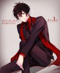  1boy absurdres black_coat black_eyes black_hair black_pants closed_mouth coat curly_hair feet_out_of_frame formal given grey_background hand_on_own_knee highres knee_up light_smile long_scarf looking_at_viewer male_focus motion_lines murata_ugetsu necktie on_floor pants pinoli_(pinoli66) red_scarf scarf sitting solo suit 