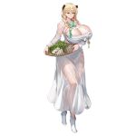  1girl animal_ears basket bear_ears bear_girl blonde_hair blue_eyes braid breastless_clothes breasts budget_sarashi check_clothing chest_sarashi cleavage closed_mouth collarbone cropped_kimono extra_ears food frigga_(last_origin) garlic gigantic_breasts hair_between_eyes highres holding holding_basket huge_breasts japanese_clothes kimono last_origin lips looking_at_viewer mole mole_under_mouth naked_kimono official_alternate_costume official_art pointy_footwear sarashi see-through_kimono simple_background smile solo standing tachi-e third-party_source tiptoes transparent_background twin_braids u-rix vegetable wet white_footwear white_kimono 