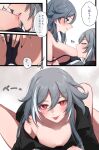  2girls :p biting black_nails blush breast_sucking breasts closed_eyes closed_mouth collarbone couple dual_persona female_pov fu_hua fu_hua_(herrscher_of_sentience) grey_hair hair_between_eyes highres honkai_(series) honkai_impact_3rd long_hair looking_at_another looking_down multicolored_hair multiple_girls nipple_biting parted_lips pov red_eyeliner red_eyes simple_background small_breasts speech_bubble spread_legs streaked_hair tongue tongue_out translation_request white_background yellow_pupils yunomi_(yunomi_hs) yuri 