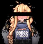  1girl ahoge black_background blonde_hair blush braid censored commentary english_commentary english_text flying_sweatdrops gloves hair_between_eyes headphones heart highres identity_censor limebreaker long_hair long_sleeves magazine_(weapon) original simple_background solo sweat upper_body 