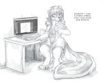  5:4 alternate_species anthro computer container cup english_text eyewear female flinters fur glasses greyscale hair hi_res jewelry mammal mephitid monochrome necklace seat sitting sketchy_mouse skunk solo text 
