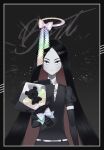  1other androgynous belt black_eyes black_gloves black_hair bort bouquet character_name closed_mouth collared_shirt colored_inner_hair colored_skin elbow_gloves flower framed gem_uniform_(houseki_no_kuni) gloves halo highres holding holding_bouquet houseki_no_kuni lace lace_ribbon long_hair looking_at_viewer minjye multicolored_hair necktie other_focus puffy_short_sleeves puffy_sleeves red_hair ribbon serious shirt short_sleeves solo straight-on straight_hair stuffed_animal stuffed_toy teddy_bear two-tone_hair v-shaped_eyebrows very_long_hair white_belt white_shirt white_skin 