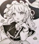  1girl :d bow bowtie braid capelet commentary enokishima greyscale hat highres holding holding_staff kirisame_marisa looking_at_viewer monochrome open_mouth side_braid single_braid smile solo staff symbol-only_commentary touhou ufo upper_body witch_hat 