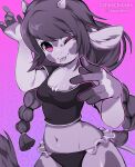  2023 5_fingers anthro artist_name black_clothing black_hair black_shirt black_topwear blep bovid bovine braided_hair cattle clothed clothing coffeechicken female fingers hair hi_res long_hair looking_at_viewer mammal navel one_eye_closed purple_eyes shirt small_moo smile solo tail tail_tuft tongue tongue_out topwear tuft wink winking_at_viewer 