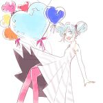  1girl arms_at_sides balloon bare_arms blue_eyes blue_hair blush_stickers dot_nose double_bun dress feet_out_of_frame hair_bun happy hatsune_miku heart_balloon high_collar knees_together_feet_apart light_blue_hair long_dress looking_at_viewer michiko_(nohohon-ya) number_tattoo open_mouth pale_color pantyhose parted_bangs pink_ribbon pleated_dress red_pantyhose ribbon round_teeth shoulder_tattoo sideways_glance simple_background sleeveless sleeveless_dress solo striped striped_dress swept_bangs tareme tattoo teeth upper_teeth_only vocaloid white_background white_dress 