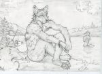  akatan_art anthro arms_on_knees background_character backpack black_and_white bracelet butt canid canine canis cloud cooking_pot coyote duo fishing_rod fur grass hi_res jewelry looking_at_viewer male mammal monochrome nude pawpads paws plant river rock signature sitting skinny_dipping sky tail traditional_media_(artwork) tree valley water wet wet_body wet_fur wolf 