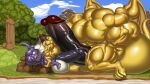  anthro balls bandai_namco big_balls big_muscles big_penis bottomwear clothing digimon dragon dragoneer_(character) duo erection genitals golden_body group harness hi_res huge_balls huge_muscles huge_penis hyper hyper_balls hyper_genitalia hyper_muscles hyper_pecs hyper_penis male male/male murasadramon muscular muscular_male penis purple_body regnar reilsss trio wings 