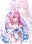  1girl angel_wings blue_archive blush breasts cleavage feathered_wings frilled_ribbon frills hair_bun hair_ornament halo highres iro_(iro_252_) large_breasts long_hair looking_at_viewer low_wings mika_(blue_archive) multiple_views pink_hair pink_halo ribbon single_side_bun white_wings wing_ornament wings yellow_eyes zoom_layer 
