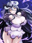  1girl ahoge albedo_(overlord) bare_shoulders black_gloves breasts bridal_veil cleavage cowboy_shot dress gloves hair_between_eyes highres horns komena_(shinyday312) large_breasts long_hair no_panties overlord_(maruyama) parted_lips see-through see-through_cleavage short_dress solo veil white_dress white_horns yellow_eyes 