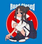  1girl backpack bag blue_background blue_bag blue_eyes braid brown_hair choppy_bangs closed_mouth dolphin_shorts dot_mouth english_text from_side full_body hair_bun half_updo highres light_blush long_hair looking_at_viewer looking_to_the_side nao97122 no_nose original parted_bangs reebok reebok_pump ribbed_socks road_sign shirt shoes short_shorts short_sleeves shorts sign single_hair_bun sneakers solo squatting white_shirt 