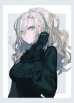  1girl black_dress black_gloves blue_eyes border closed_mouth commentary_request dress ear_piercing earrings eyeshadow fate/grand_order fate_(series) frown gloves grey_background grey_border grey_hair hand_up industrial_piercing jewelry kanitama_(putyourhead) kriemhild_(fate) long_hair long_sleeves looking_at_viewer makeup mole mole_under_eye no_headwear outside_border piercing ponytail puffy_sleeves purple_eyeshadow simple_background solo sparkle upper_body white_border 