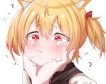  1girl 1other :t ? arknights black_vest blonde_hair blush closed_mouth crying crying_with_eyes_open flying_sweatdrops hair_between_eyes hair_ribbon highres langou62797 out_of_frame red_eyes red_ribbon ribbon shirt simple_background sora_(arknights) tears twintails upper_body vest wavy_eyes wavy_mouth white_background white_shirt 