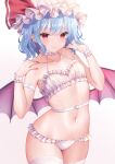  1girl arm_garter bat_wings blue_hair blush bra closed_mouth collarbone cowboy_shot fang fingernails hat hat_ribbon highres mob_cap nail_polish navel panties petite pink_headwear purple_wings red_eyes red_nails red_ribbon remilia_scarlet ribbon short_hair skin_fang solo thighhighs touhou underwear variant_set white_bra white_panties white_thighhighs wings wrist_cuffs y_na1211 