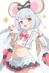 1girl :d absurdres animal_ears black_bow bow double_v granblue_fantasy grey_hair hair_bow highres looking_at_viewer midriff mouse_ears mouse_girl navel open_mouth qusouzu_mogari red_eyes short_hair simple_background skirt smile solo star_(symbol) teeth thighs upper_teeth_only v vikala_(granblue_fantasy) white_background white_skirt white_sleeves wide_sleeves 