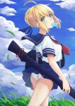  1girl ahoge artoria_pendragon_(fate) bag black_bag blonde_hair blue_ribbon blue_sailor_collar blue_skirt braid breasts capsule_servant cloud fate_(series) food grass hair_ribbon highres holding holding_food holding_popsicle kiukoma master_artoria neckerchief panties pleated_skirt popsicle red_neckerchief ribbon sailor_collar school_bag school_uniform serafuku shirt short_hair skirt sky solo underwear white_panties white_shirt wind wind_lift 