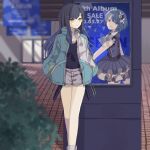  2girls against_wall bangs_pinned_back bare_legs black_hair black_shirt blue_hair blue_jacket blurry closed_mouth collared_jacket depth_of_field dot_nose feet_out_of_frame gradient_hair grey_shorts hair_ornament hairclip hands_in_pockets headphones headphones_around_neck highres idol idol_clothes jacket kiritani_haruka legs_together light_rays long_hair multicolored_clothes multicolored_hair multicolored_jacket multiple_girls open_clothes open_jacket orange_eyes outdoors plant project_sekai shiraishi_an shirt shirt_tucked_in short_shorts shorts sign smile straight_hair swept_bangs thighs tile_floor tiles two-tone_jacket watameki_(pixiv_33969409) white_jacket 
