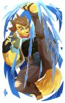  10:16 anthro blue_eyes brown_eyebrows brown_hair bulge canid canine canis clothed clothing eyebrows hair hi_res male mammal muscular muscular_anthro muscular_male silvertain solo wolf yellow_body 