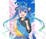  1girl :d ahoge animal_ears aqua_hair black_ribbon blue_eyes blue_hair blue_skirt blue_sky blurry blurry_background casual cherry_blossoms cloud cloudy_sky day depth_of_field drawstring drill_hair hair_ribbon haniwa_(leaf_garden) heterochromia highres hood hood_down hoodie horse_ears horse_girl horse_tail long_hair long_sleeves looking_at_viewer messy_hair multicolored_clothes multicolored_hair multicolored_hoodie open_mouth outdoors plaid plaid_skirt pleated_skirt purple_eyes ribbon sharp_teeth sidelocks skirt sky smile solo standing tail teeth tree twin_turbo_(umamusume) twintails two-tone_hair umamusume v 