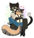  &lt;3 anthro blush claws clothing duo embarrassed embrace felid feline hi_res hug lackadaisy love male male/male mammal marsh_ber mordecai_heller necktie nuzzling on_lap reluctant rocky_rickaby secretly_loves_it simple_background sitting_on_lap smile suit webcomic 