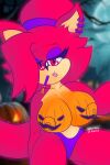  2:3 absurd_res anthro asami_the_cat big_breasts bottomwear breasts camel_toe clothing digital_media_(artwork) drawing ear_piercing fan_character female food fruit fur hair halloween hi_res holidays humanoid long_hair looking_at_viewer nipples paint painting pants piercing plant pose pumpkin red_body red_eyes red_fur red_hair redeye_samurai_(artist) sega smile solo sonic_the_hedgehog_(series) 