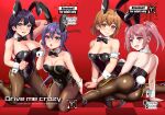  4girls ahoge akebono_(kancolle) alternate_breast_size alternate_costume alternate_hairstyle animal_ears armband artist_logo bandaid bandaid_on_face bell black_bow black_bowtie black_footwear black_hair black_leotard black_pantyhose blue_eyes bow bowtie breasts brown_eyes brown_hair bunny_day checkered_floor cleavage commentary_request cover dated detached_collar feet_out_of_frame frilled_armband frills from_behind full_body grey_background hair_bell hair_bobbles hair_ornament high_heels highres kantai_collection kneeling large_breasts leotard long_hair looking_at_viewer looking_back low_ponytail medium_breasts multiple_girls oboro_(kancolle) pantyhose pink_eyes pink_hair playboy_bunny purple_hair rabbit_ears rabbit_tail red_background sazanami_(kancolle) short_hair side-tie_leotard simple_background sitting smile strapless strapless_leotard tail text_background twintails ushio_(kancolle) wrist_cuffs yellow_quokka yokozuwari 