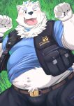  2023 absurd_res anthro belly big_belly black_nose bottomwear canid canine canis clothing domestic_dog fur hi_res humanoid_hands kemono lifewonders live_a_hero lying male mammal nazebesu_hobby overweight overweight_male pants shirt solo tongue tongue_out topwear white_body white_fur yohack 