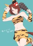  1girl animal_ears animal_print ankle_socks aqua_background arm_up bare_shoulders bob_cut brown_hair club_(weapon) collarbone ear_covers elbow_sleeve flower_in_eye forehead grin hand_up highres holding holding_weapon horse_ears horse_girl horse_tail kumabachi315 leg_up light_blush looking_at_viewer mask midriff navel oni_costume oni_mask pants parted_bangs pink_eyes sakura_laurel_(umamusume) sandals short_hair simple_background smile socks solo spiked_club stomach symbol-shaped_pupils symbol_in_eye tail thighs tiger_print translation_request umamusume umamusume:_star_blossom weapon white_socks yellow_pants yellow_tube_top 