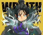  1girl absurdres animification apex_legends black_bodysuit black_gloves black_hair bodysuit character_name crossed_arms gloves glowing glowing_eyes grey_eyes hair_behind_ear hair_bun highres looking_at_viewer open_hands portrait sai_s_ai single_hair_bun smirk smug solo wraith_(apex_legends) yellow_background 
